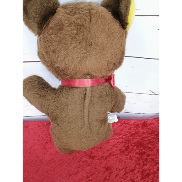 Vintage Gund 70s Brown Teddy Bear With Yellow Accents Nose Ears Feet Red Ribbon - Picture 4 of 6